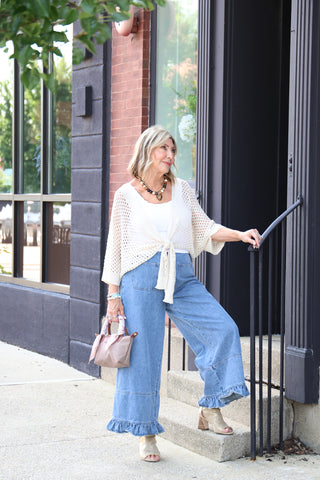 Wide Leg Denim Ruffle Hem Trouser