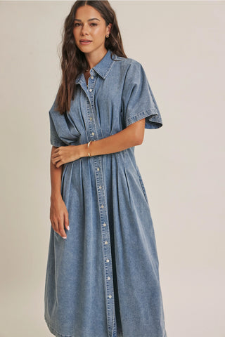Pleated Denim Midi Dress